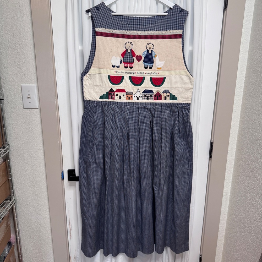 Vintage Country Folk Art Patchwork Gingham Pinafore Dress Navy Blue White XL
